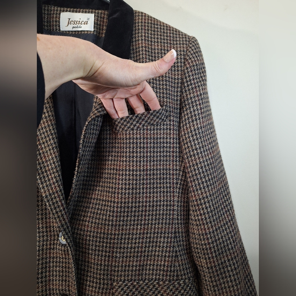Vintage 90s Jessica Petite Tweed Houndstooth Velvet Collar Wool Blend Blazer 8 - Picture 4 of 12
